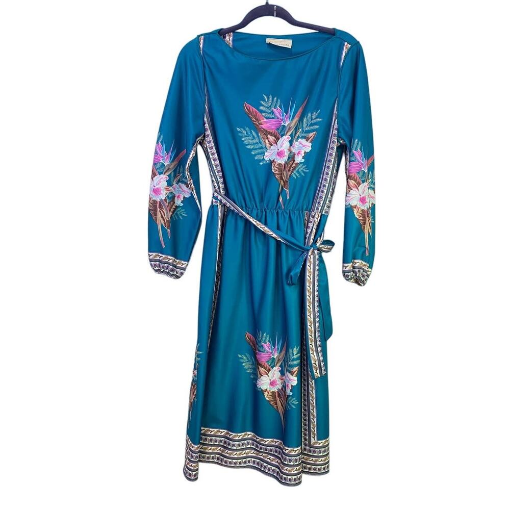 VTG Amy Deb Tropical Floral Dress Union Made  USA 1970'S Blue Belted Medium